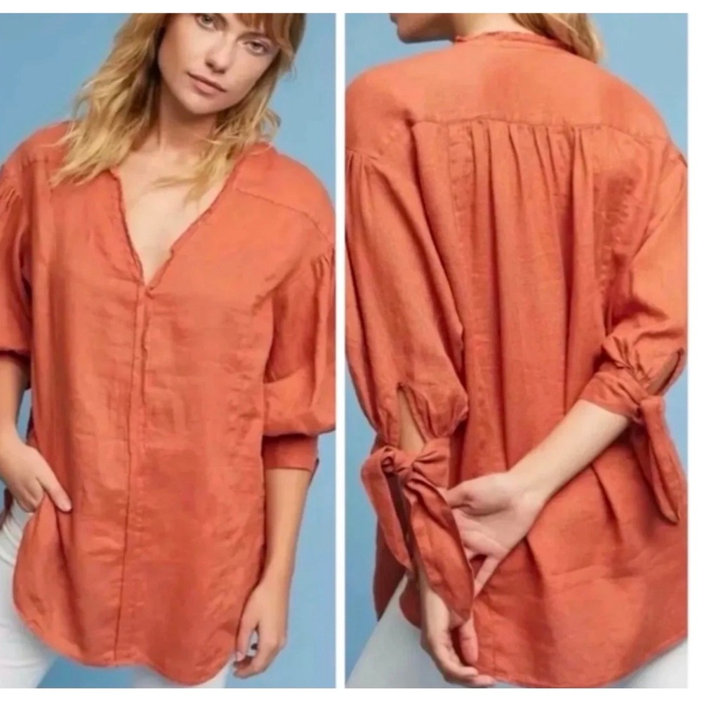 Holding Horses Anthropologie Terracotta Linen Tunic Tie Sleeve Blouse Small